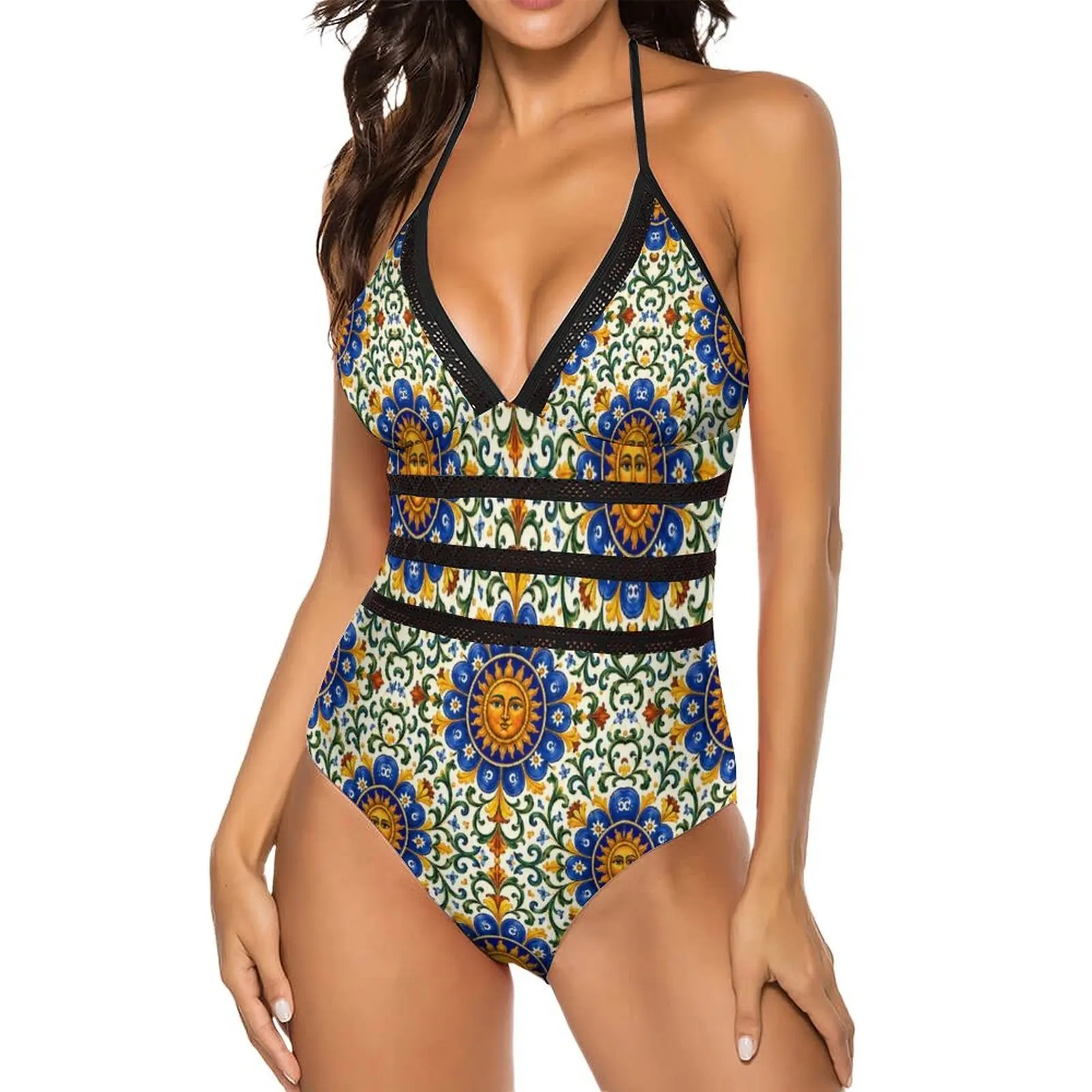 Vintage Sicilian Sun Tile Print Swimsuit Sexy  One Piece Swimwear Women Push Up Bodysuit Fashion Lace Up Bathing Suit