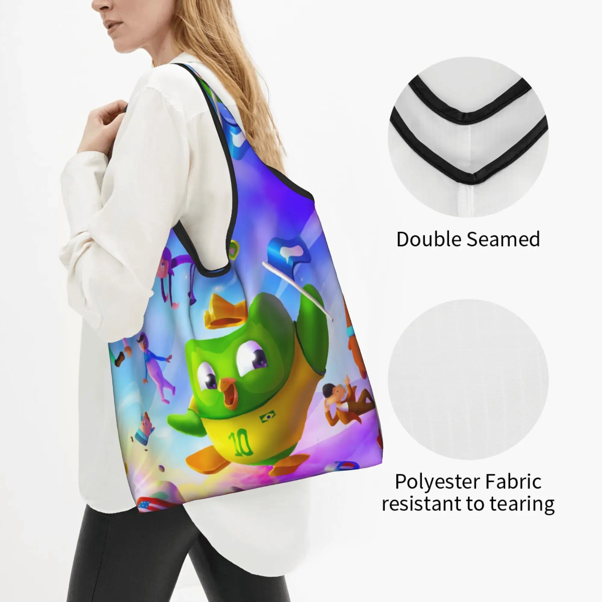 Fashion Print Cute Cartoon Duolingos Educational Parrot  Tote Shopping Bag Portable Shopper Shoulder  Handbag