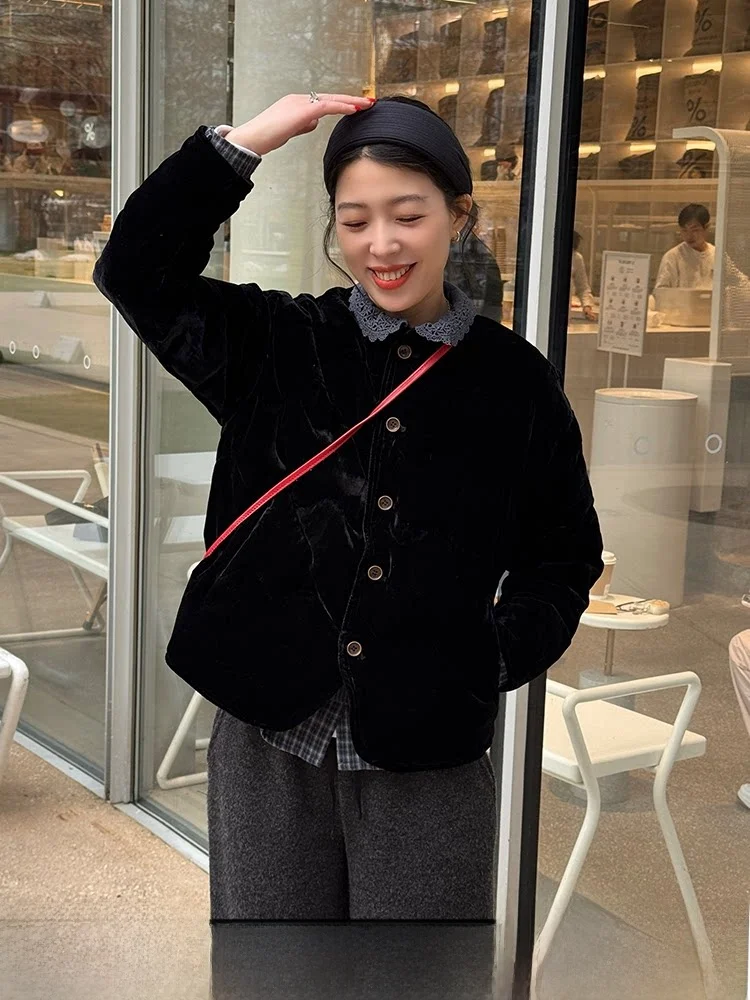 

Lightweight Velvet down Jaet Women's round Ne Single Button Warm Outerwear Ele Top Bebe Home Bla Velvet Puffer