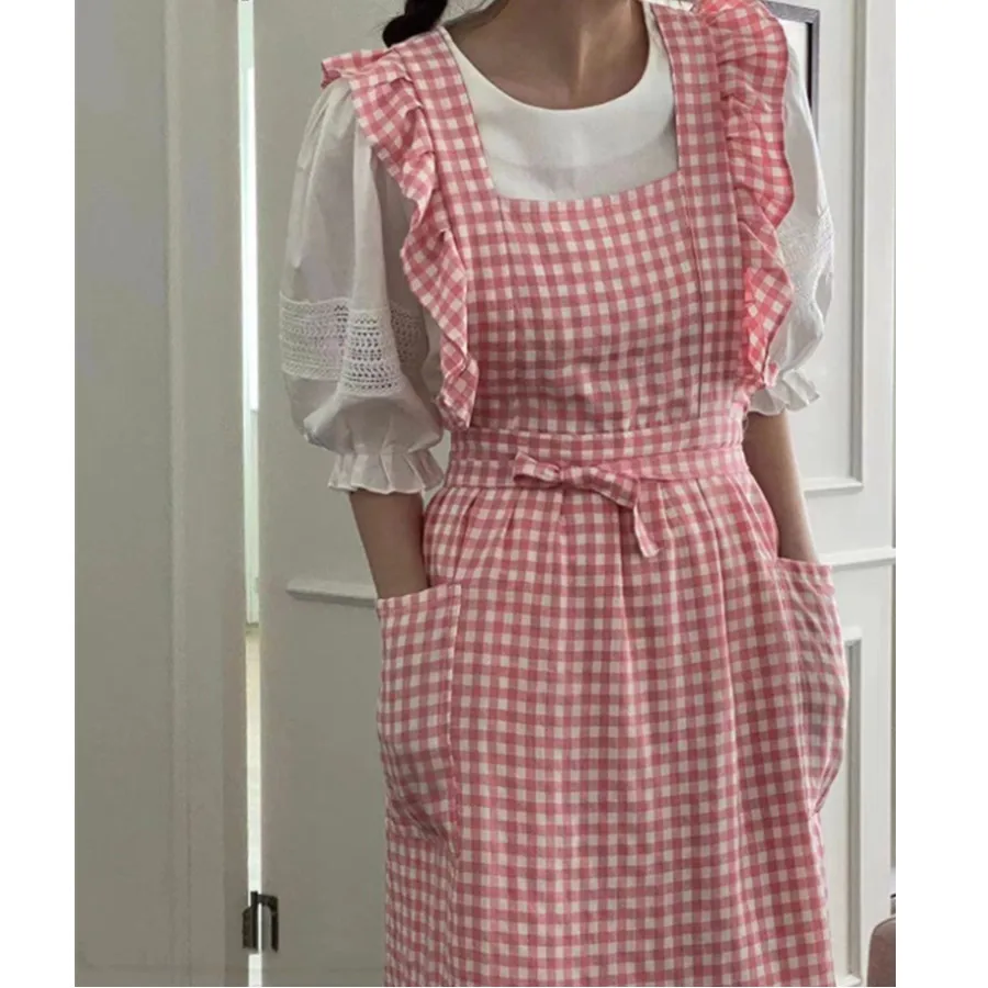 Vintage Plaid Ruffled Apron Women Baking Art Nail Art Anti Fouling Cover Pure Cotton Home Kitchen Cleaning Apron