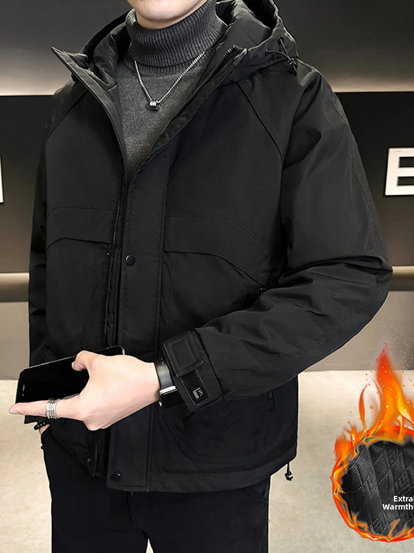 

Men's Thiened Hooded Jaet Zipper Closure Cotton Polyester Fiber Casual Sle Windproof Youth Faion Autumn Winter Coat