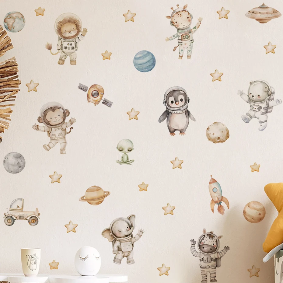 Cartoon Animals Space Astronaut Planet Stars Rocket Watercolor Wall Sticker Child Nursery Art Decal Kids Room Bedroom Home Decor