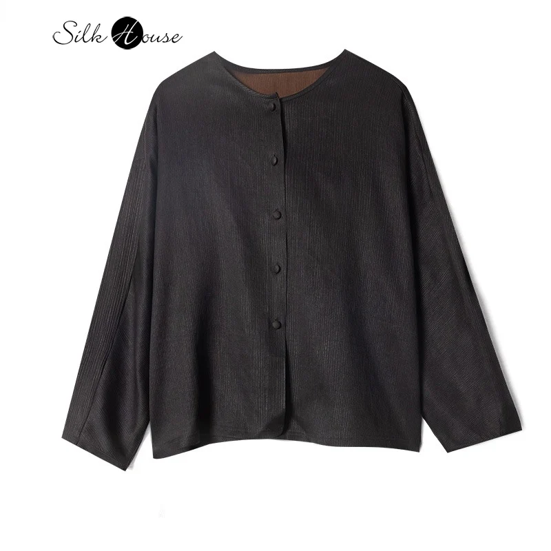 

Black Single Breasted New Chinese Round Neck 100% Natural Mulberry Silk Gambiered Guangdong Gauze Women's Fashionable Jacket