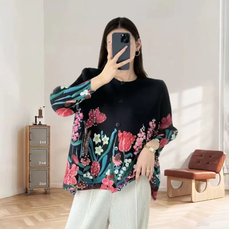 

Miyake плиссированная рубашка с принтом, осень 2021, новая блузка с круглым вырезом и длинными рукавами, повседневная куртка больших размеров, темпераментная одежда для поездок на работу