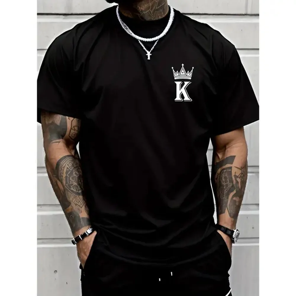 Cotton Short Sleeve T-Shirt Polyester Men's Vintage Short Sleeve Crew Neck KING With Crown Print Casual Sports T-Shirt for Summer