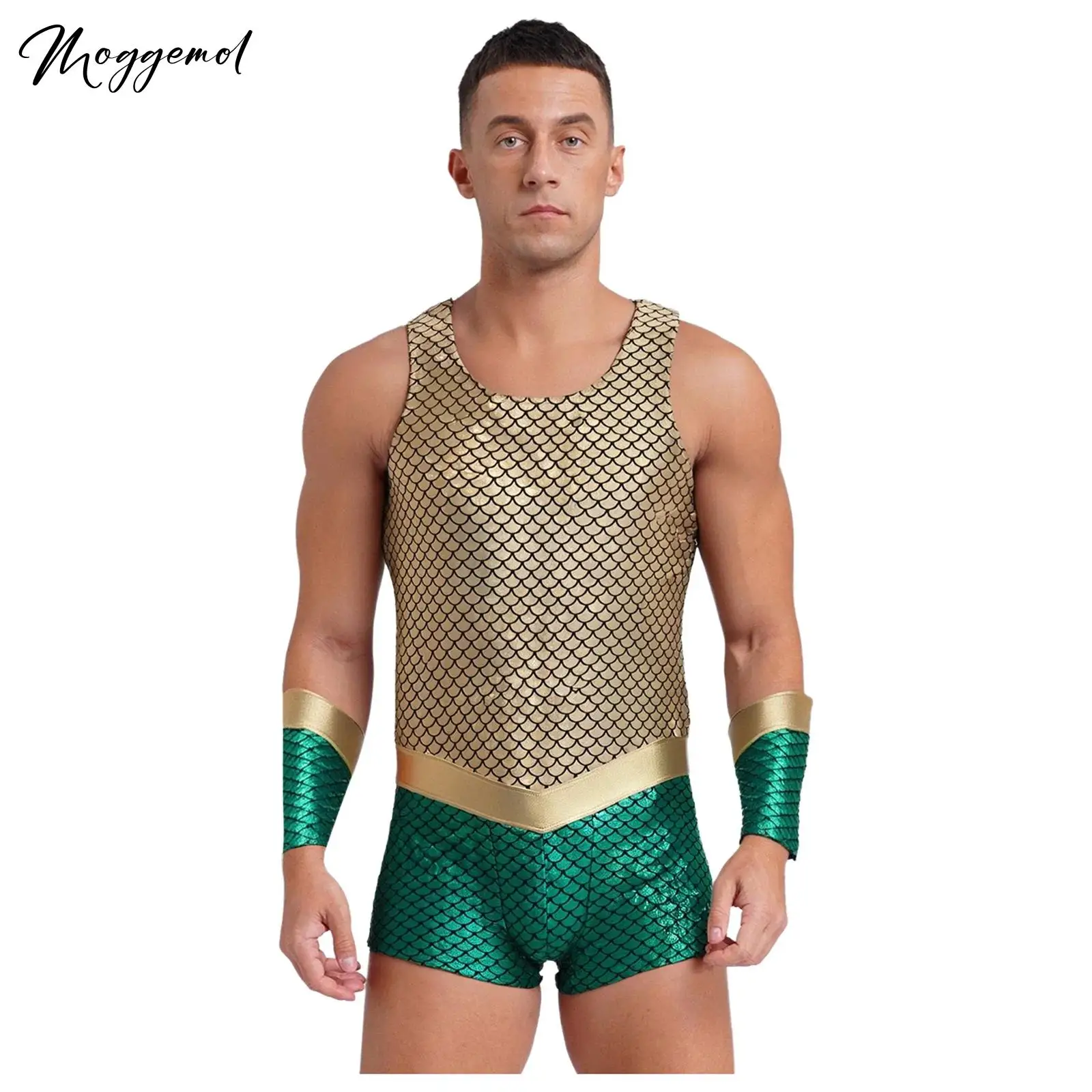 

Mens Sea King Sea God Cosplay Costume Shiny Sleeveless Fish Scales Print Bodysuit Halloween Fancy Dress Outfits with Arm Sleeves