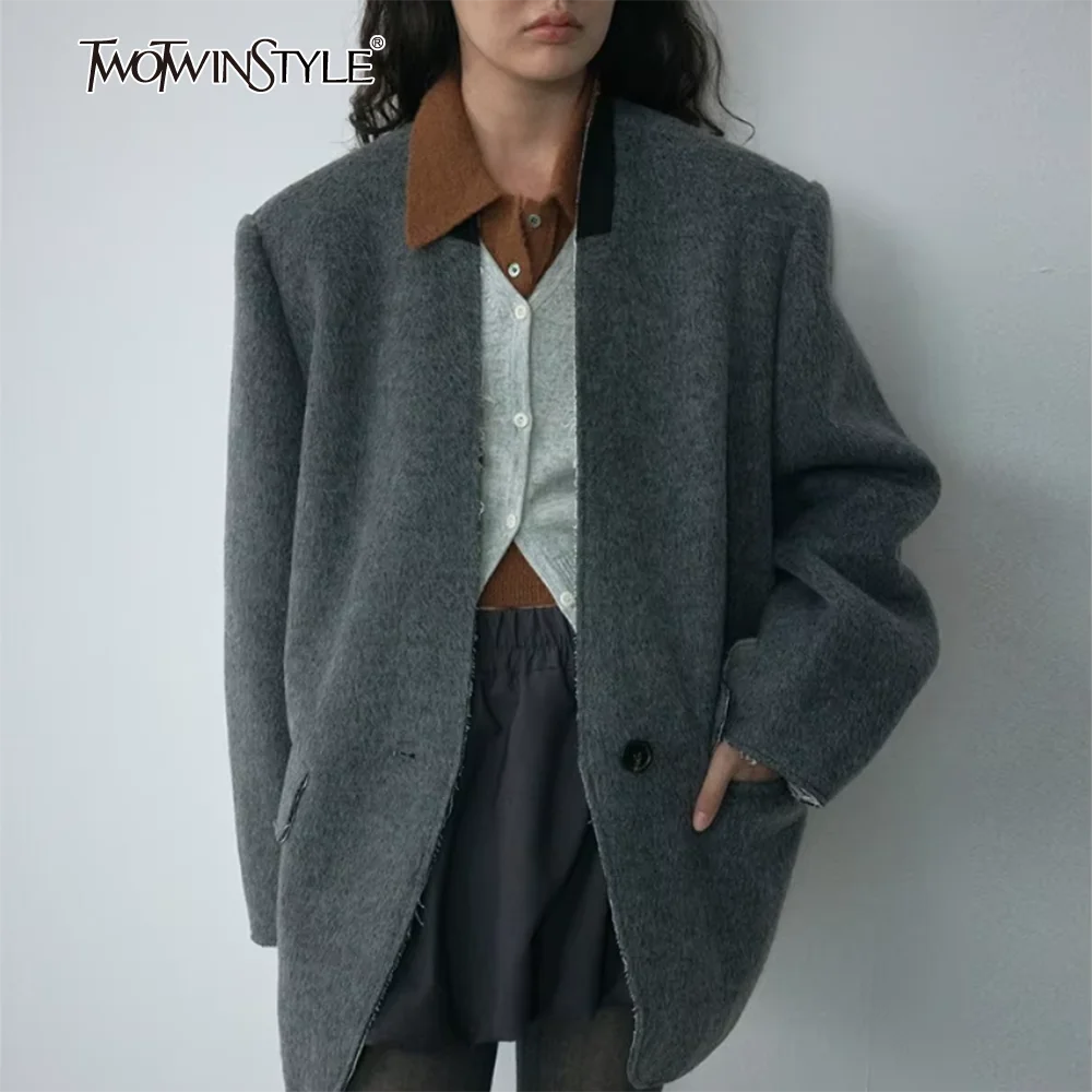 

TWOTWINSTYLE Solid Spliced Button Minimalist Jackets for Women V Neck Long Sleeve Temperament Elegant Coats Female