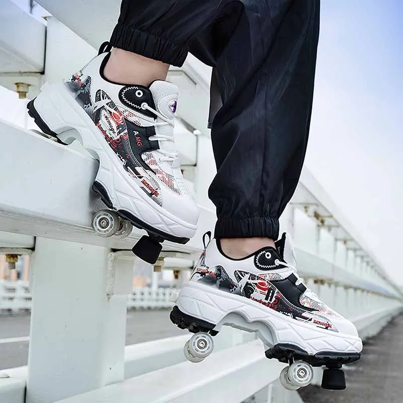 4 Wheel Roller Skate Shoes Women Man Telescopic Deformation Shoes With Brakes Boy Fashion Adjustable Rolling Skates Sneakers