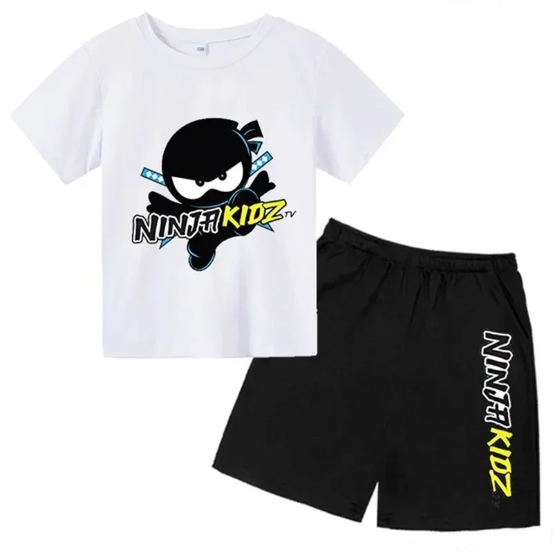 Summer Short Sleeve Round Neck T-shirt +shorts Set Ninja Kids Print Boys Girl Cotton Breathable Children's Leisure Clothing