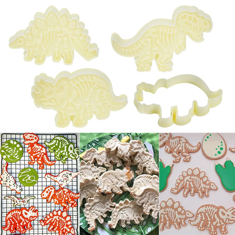 3Pcs Dinosaur Cookie Cutters Skeleton Stamper T-Rex Stegosaurus Triceratops Fossil Cookie Cutters Baking Biscuit Embossing Mould