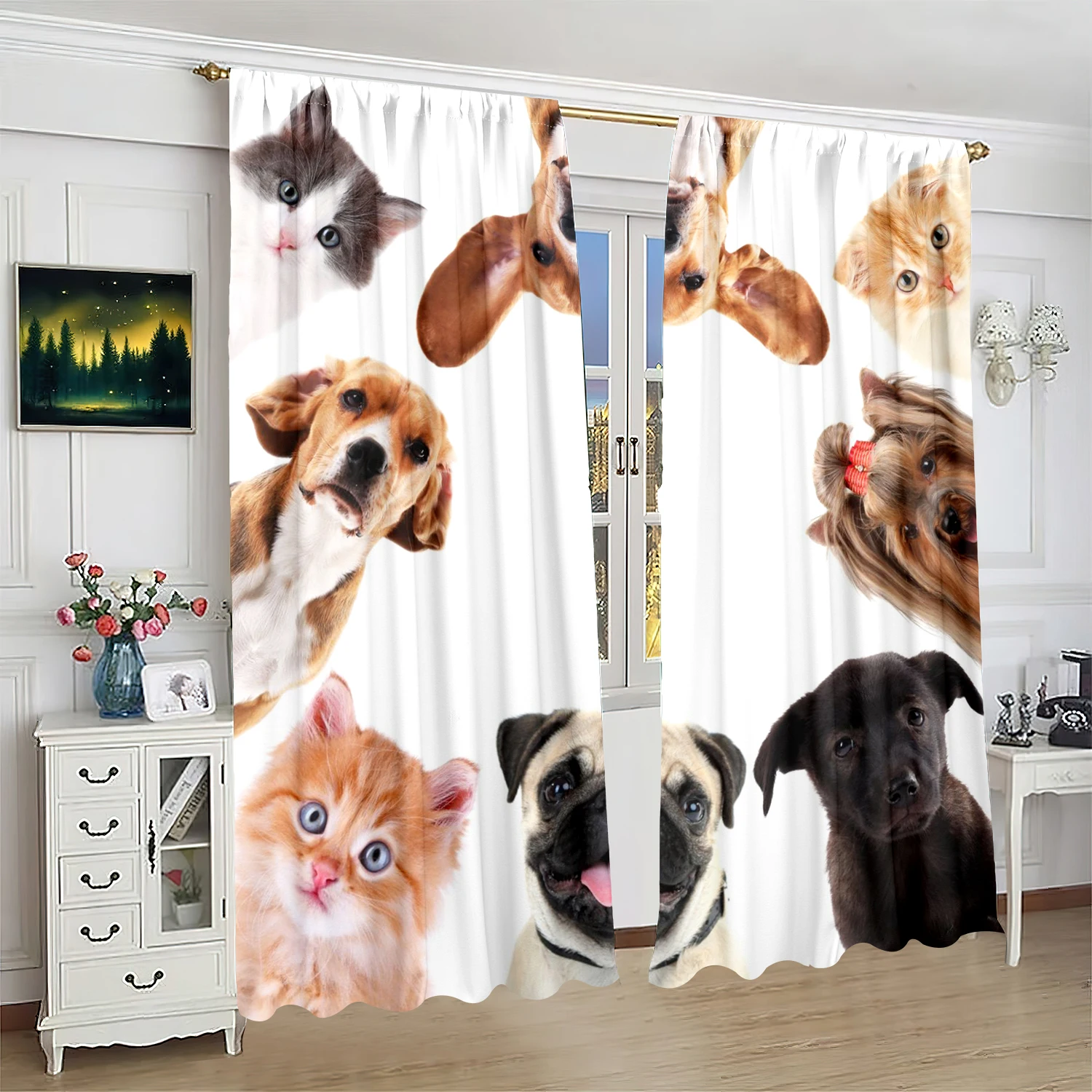 2 pieces - Cat and dog - printed curtain - polyester material - for bedroom living room study anti-privacy curtain