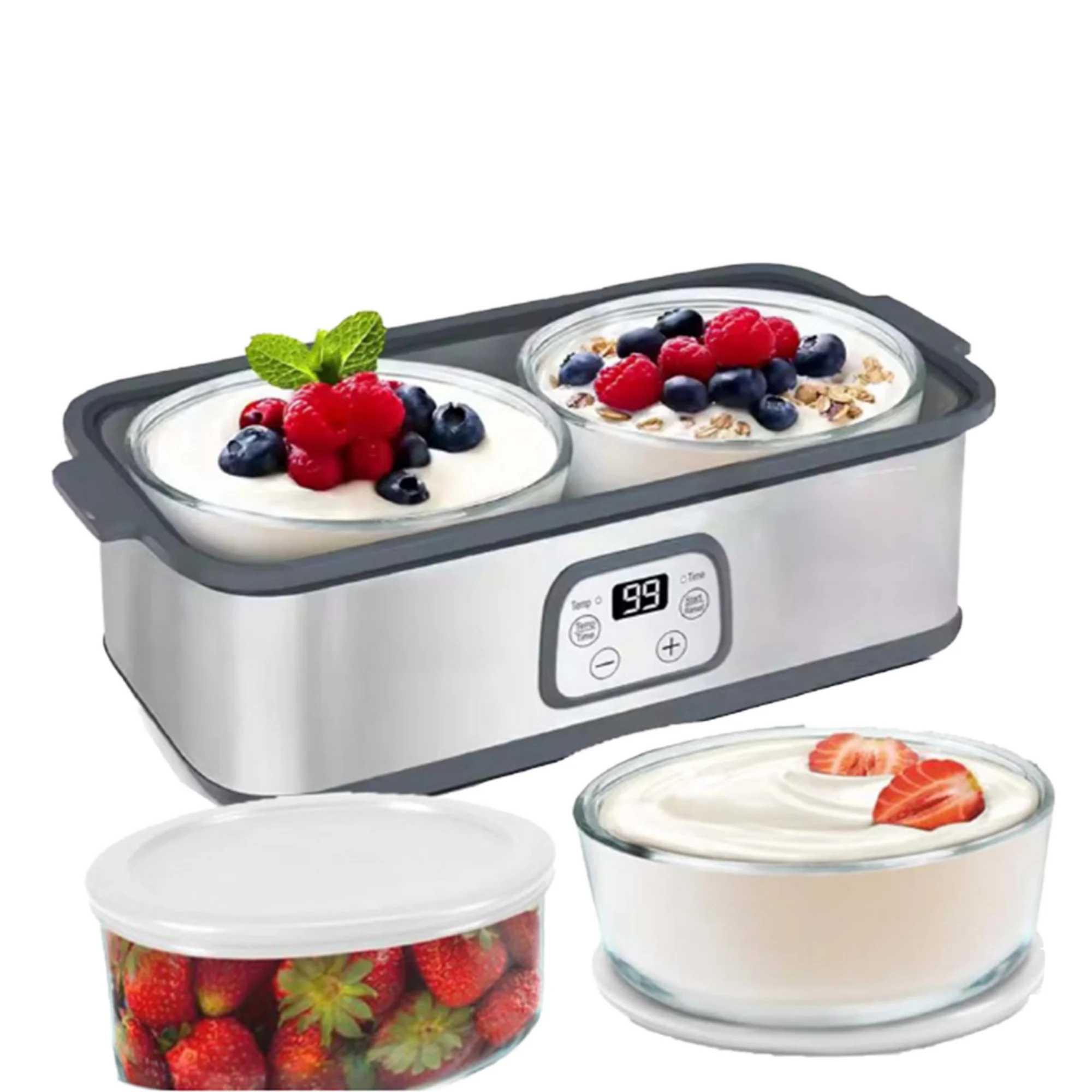 

Electric Stainless Steel Yogurt Maker Adjustable Time Temperature Control Eco-friendly Two 1-quart Containers Home Use Energy