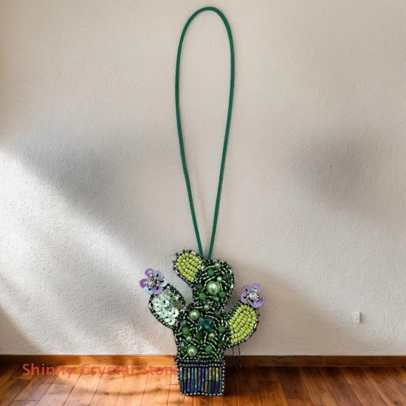 ثلاثية الأبعاد اليدوية حجر الراين مطرز الصبار بوعاء النبات مطرز حبل معلق بقع كريستال حقيبة الحبل التصحيح الديكور زين التصحيح