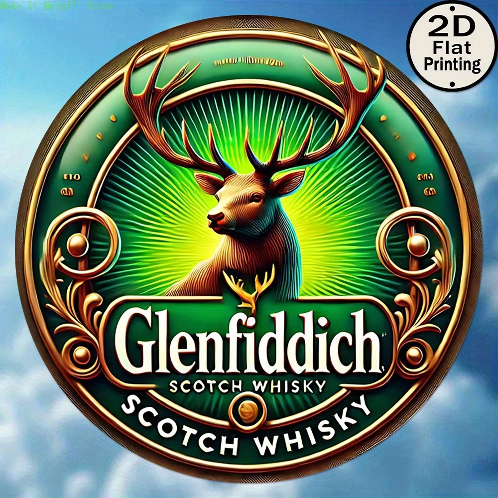 Letrero Metálico Redondo Plano 2D de Glenfiddich Scotch Whisky, Diseño de Ciervo y Brillo Verde - Decoración Premium para Bar y Hogar