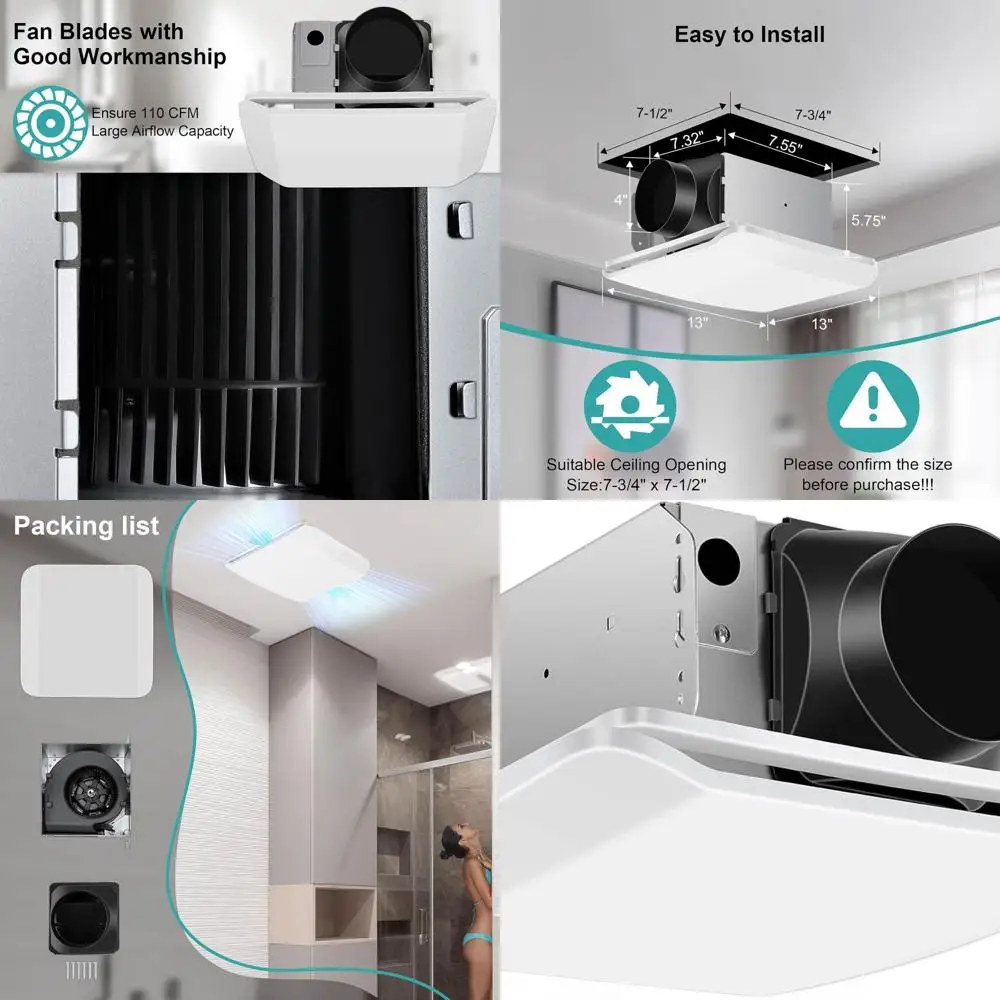 

110CFM Quiet Bathroom Ceiling Exhaust Fan with 1.5 Sones, 4-Inch Duct, Ideal for Remodeling (White)