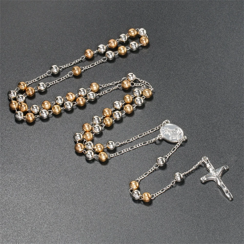 Vintage Cross Pendant Necklaces Gold Silver Color Rosary Metal Beads Chain Jesus Crucifix Virgin Mary Fashion Women Men Jewelry