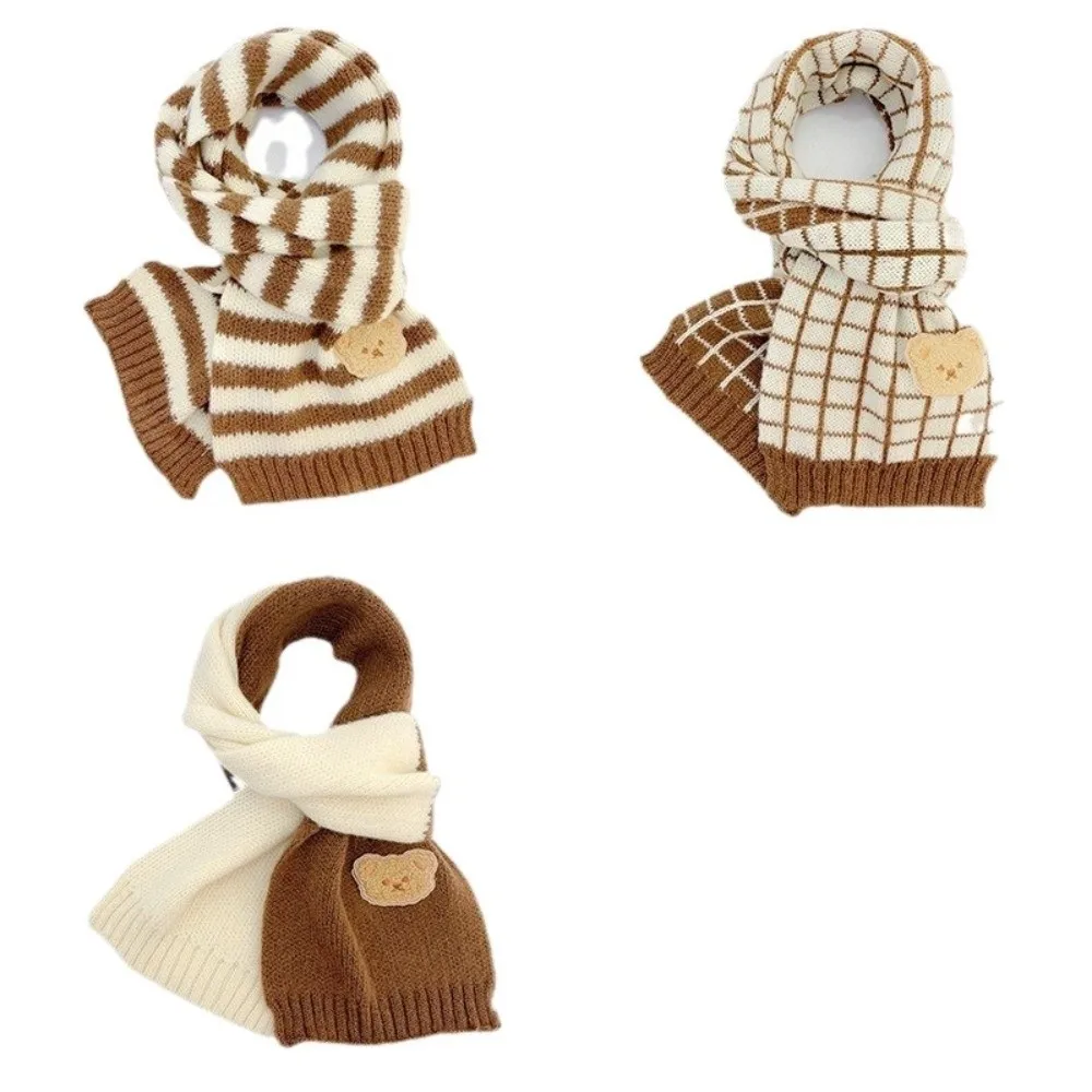 Fashion Cute Bear Children's Scarf Windproof Winter Warm Striped Knitted Scarf Soft Breathable Neck Cover