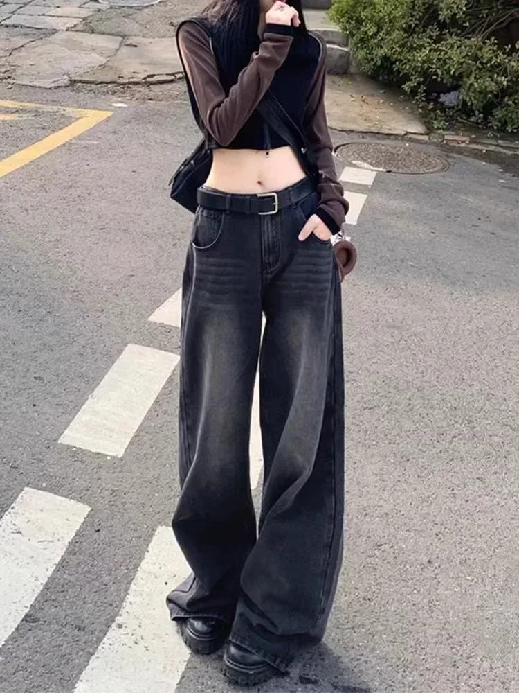 بنطلون جينز نسائي من American Sle مقاس كبير مبطن بأرجل واسعة من قماش الدنيم للخريف والشتاء بخصر عالٍ وفضفاض بطول الأرض #2