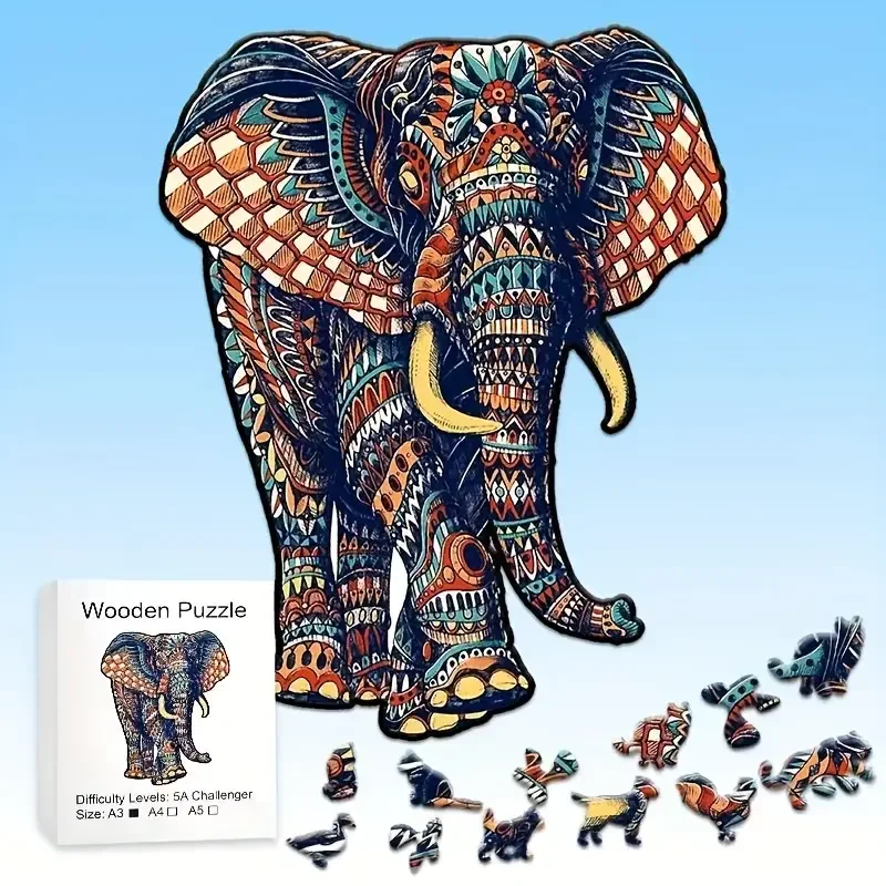 Elephant Wooden Jigsaw Puzzle, Uniquely Irregular Animal Shaped Wooden Stress Relief Toys