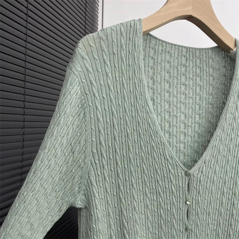 여성용 가디건 신상 신축성 니트 V넥 긴팔 가을 2025 싱글 슬림 얇은 코트 울 혼방 스웨터
