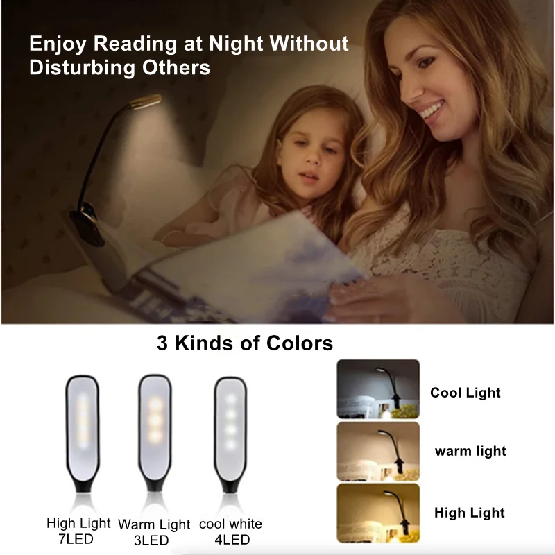 Rechargeable Book Mini 7 Led Level 3 Warm Cold White Flexible Clip-on Night On Reading