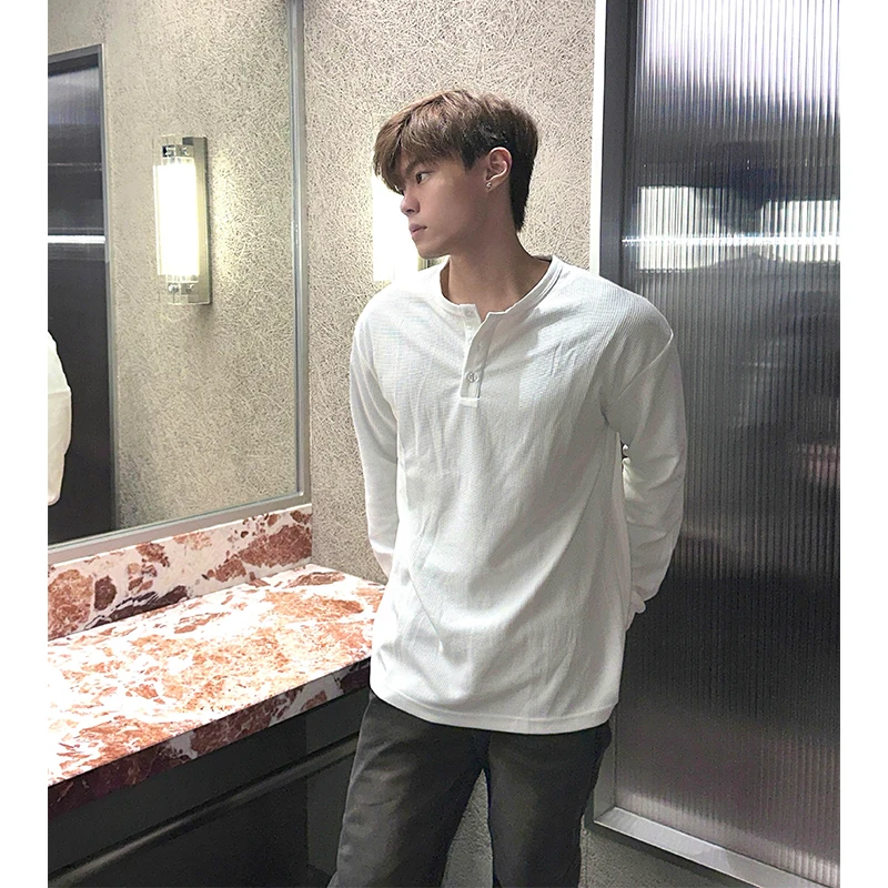

White Long Sleeve Henry Collar T-Shirt Men's Loose Fit Inner Wear American Style Cleanfit Waffle Pattern Sweatshirt