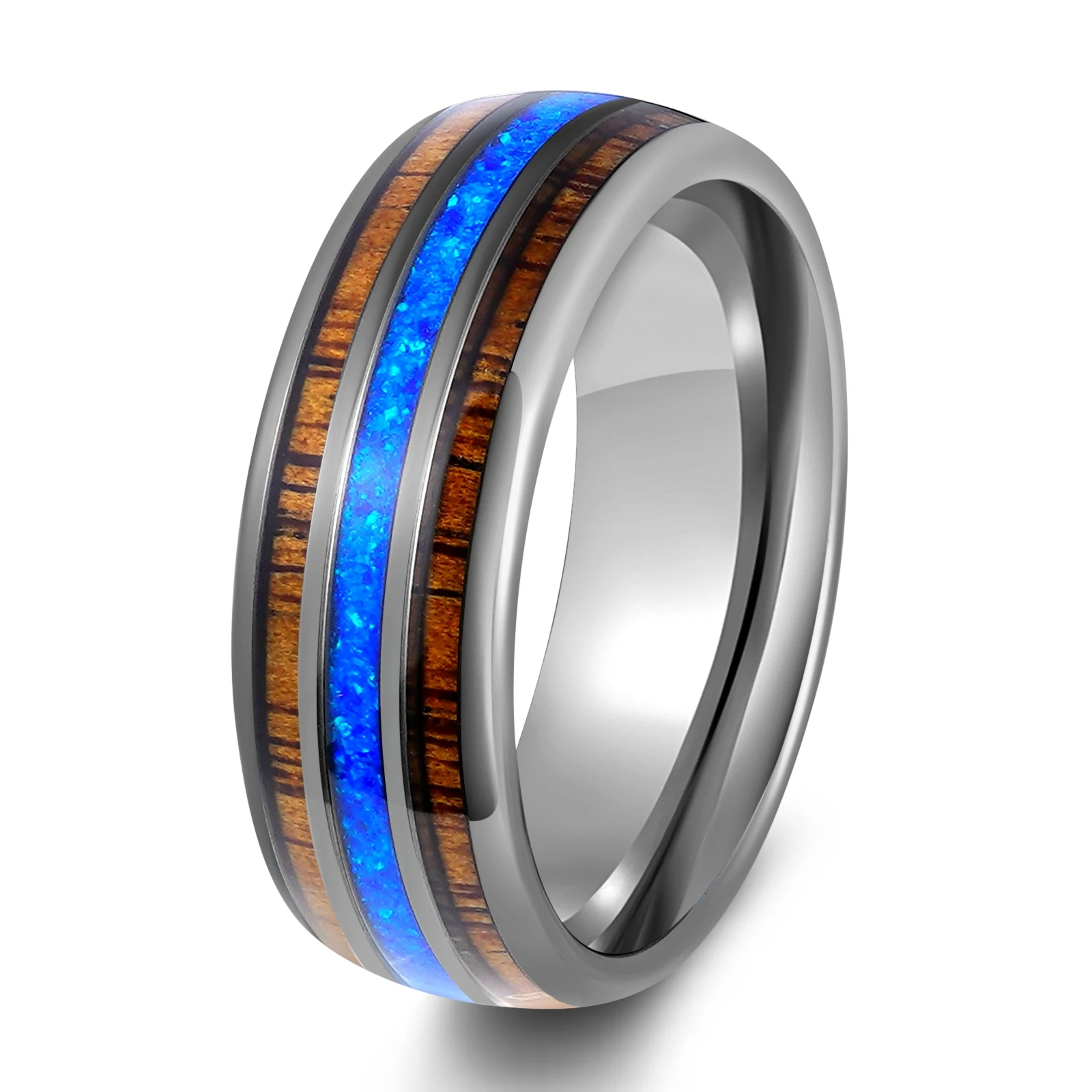 

Кольцо POYA унисекс из вольфрама диаметром 8 мм с инкрустацией из акации и синего опала - темно-коричневый металл, черный, классический стиль для свадебных подарков