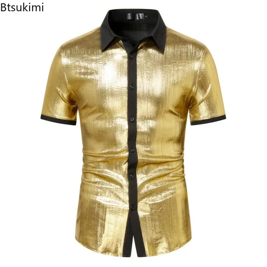 

Men's Summer Short Sleeve Shirt Shinny Gold Silver Rose Red Streetwear Hip Hop Shirt Regular Fit Men's Shirts Split Joint Shirts