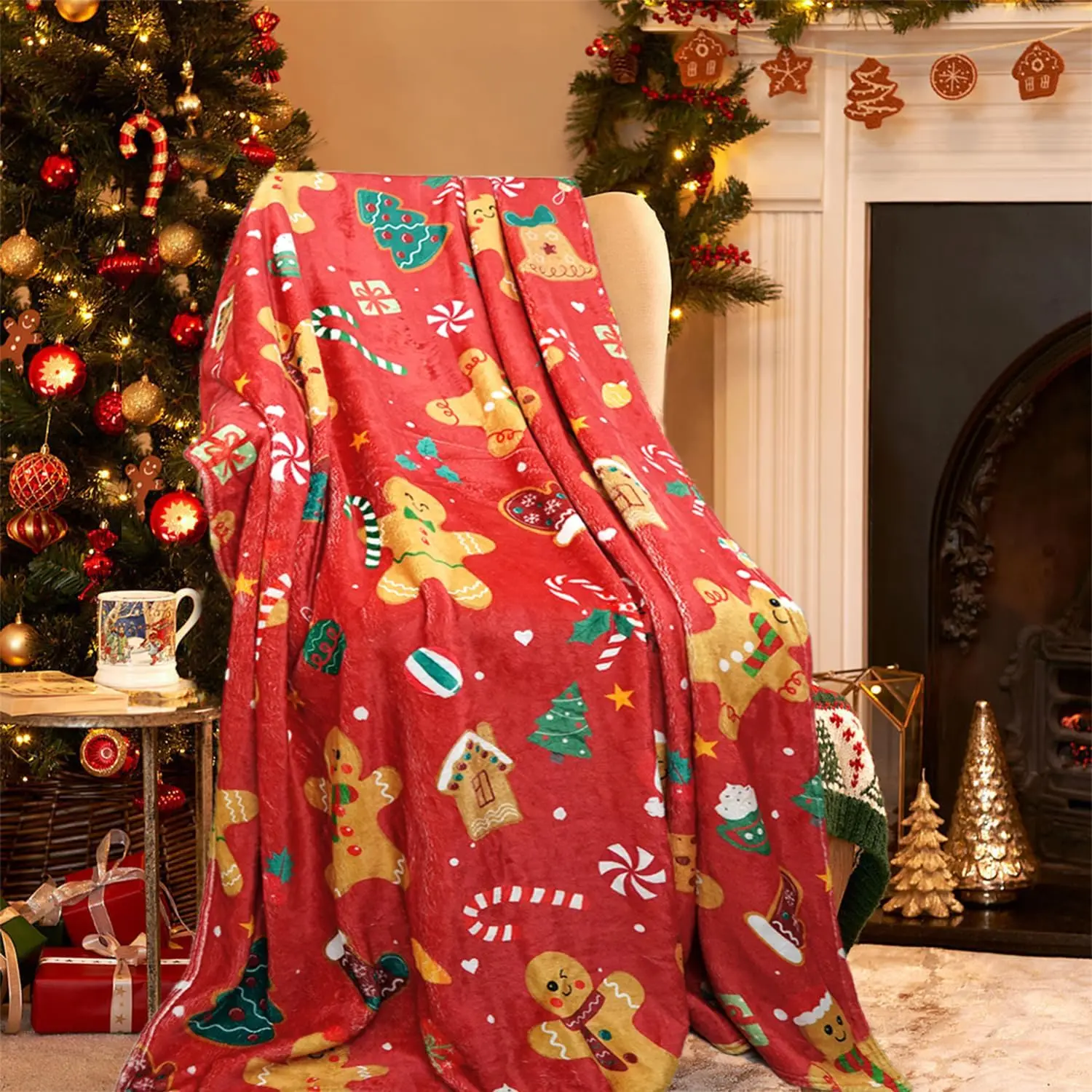 Red Christmas Blanket 50x60In,Flannel Blankets Warm and Soft, Gingerbread Blanket Throw is The Best Gift for Boys,Girls,Adults,Women and Family at Christmas,Suitable for Christmas Sofa Bed Home Decor