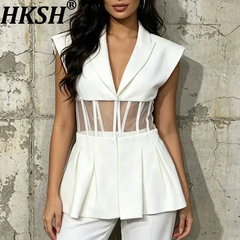 

HKSH Women Waistcoat French Style Elegant Mesh Patchwork Sleeveless Pleated Sexy V-Neck Trend Slim Fit Sheer Blazer Vest HK24592