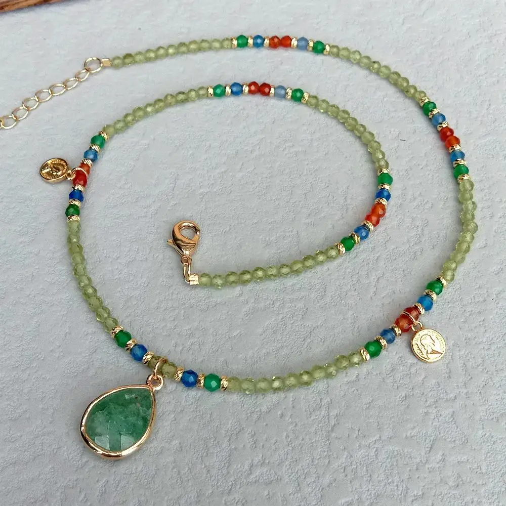 

Y·YING Green Peridot Necklace Natural 3mm Gemstone Agate Choker Necklaces Green Fluorite Charm Pendant