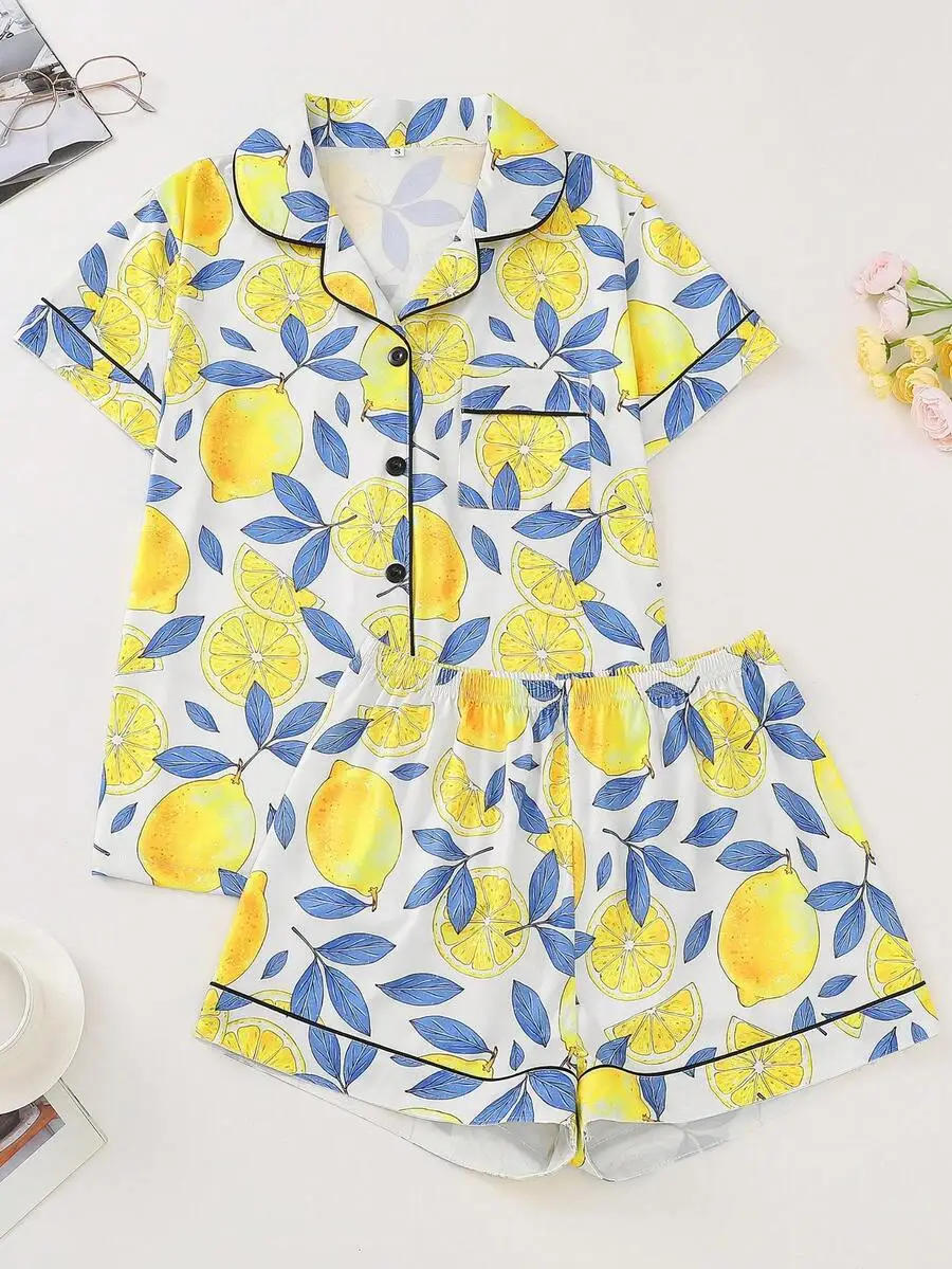

2pcs Women Lemon Print Pajama Set Collared Short Sleeve Top And Loose Shorts Vacation Style Festive Sleepwear Loungewear