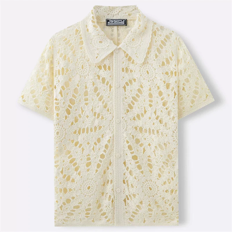 

Mesh Hollow Out Acrylic Shirts For Men Short Sleeve Crochet Loose Summer Quality Breathable Loose Fit Knitwear Camisas De Hombre