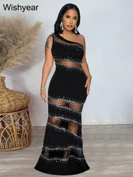 Luxury Sparkle Diamond Single Shoulder Rhinestones Mesh Long Maxi Dress Woman Sexy Night Party Prom Birthday Evening Vestidos