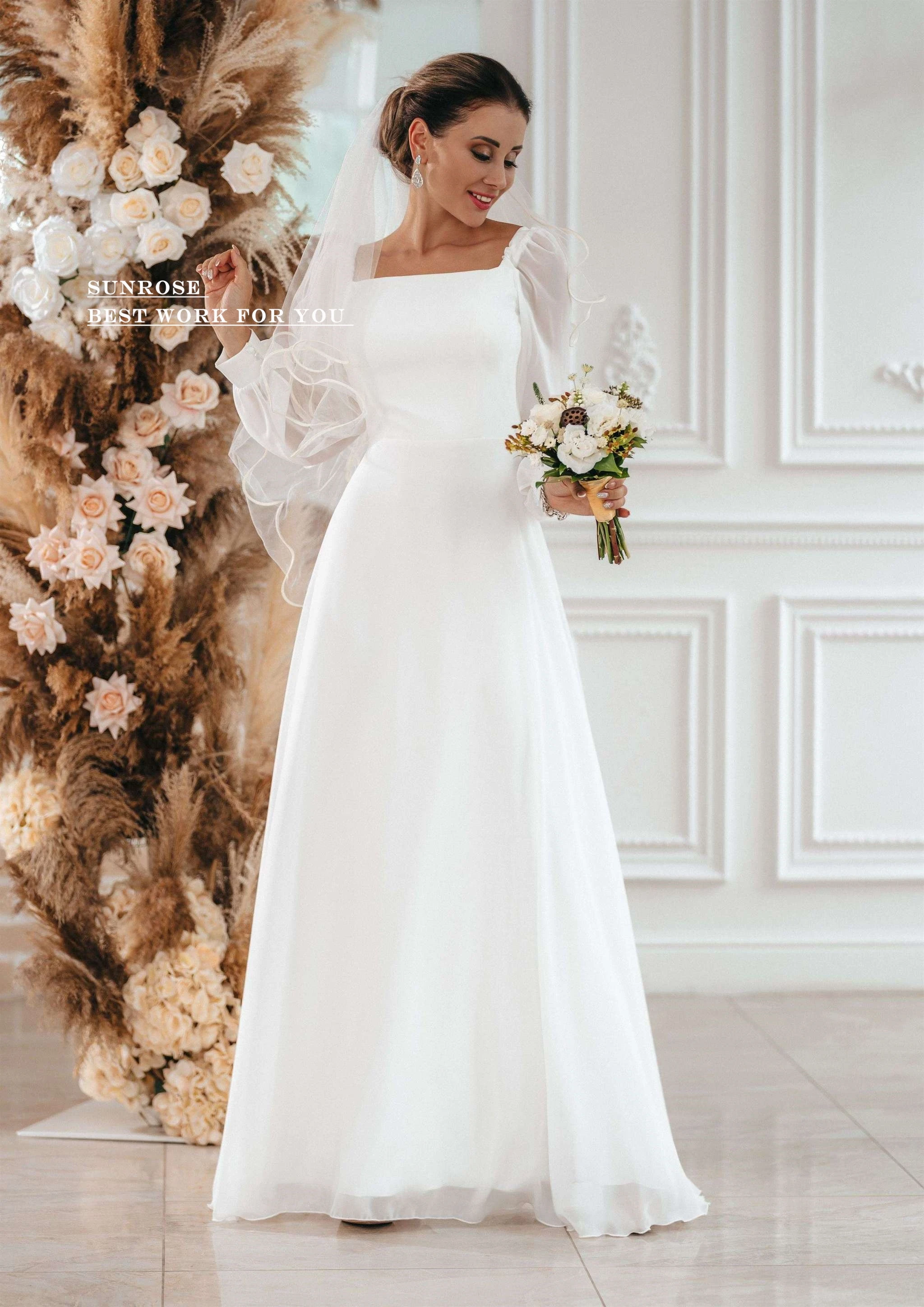 SUNROSE Abiti da sposa civili 2025 Chiffon Colletto quadrato Manica lunga Lunghezza pavimento Abiti da sposa semplici da spiaggia per la sposa Personalizzati