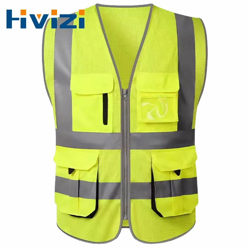 High Visibility Reflection Fluorescent Mesh Safety Vests with 8 Pockets and Front Zipper Hi Vis Safety Vest for Men