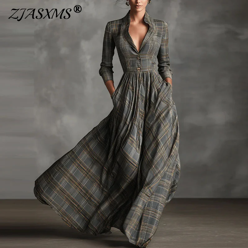 French Retro Plaid Print Swing Long Maxi Dress Woman Sexy Deep V Neck Button Shirt Dress Autumn Long Sleeve Pockets Boho Dresses