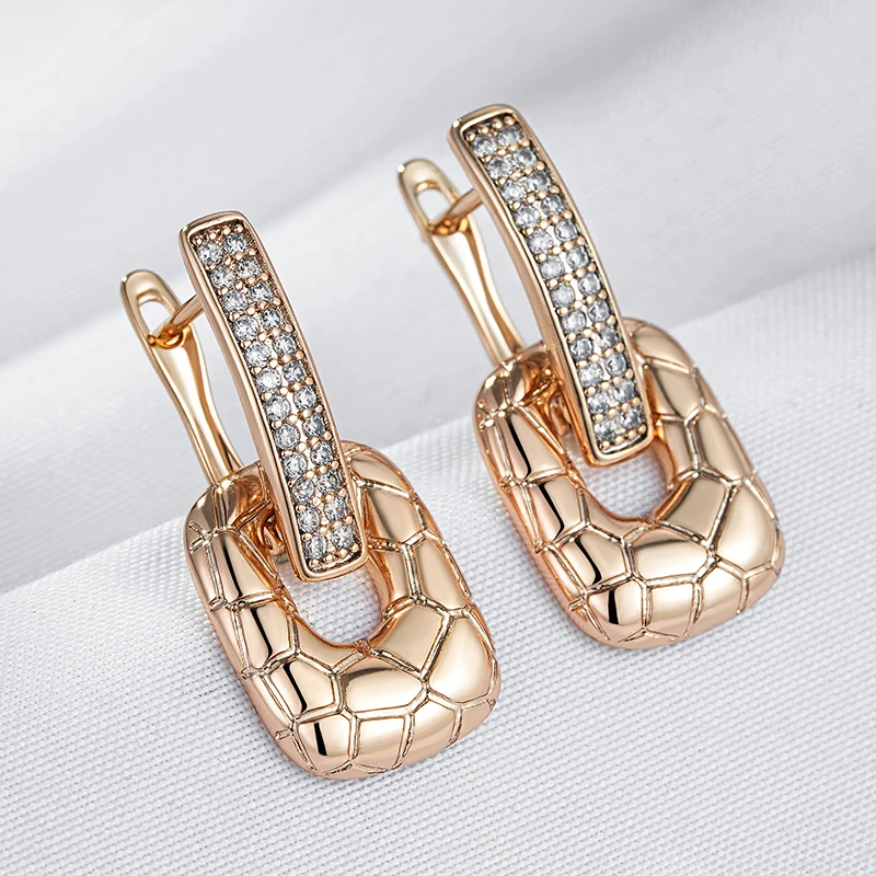 Kinel Fashion 585 Rose Gold Color Glossy Big Drop Earrings For Women Full White Natural Zircon Elegant Daily Fine Jewelry