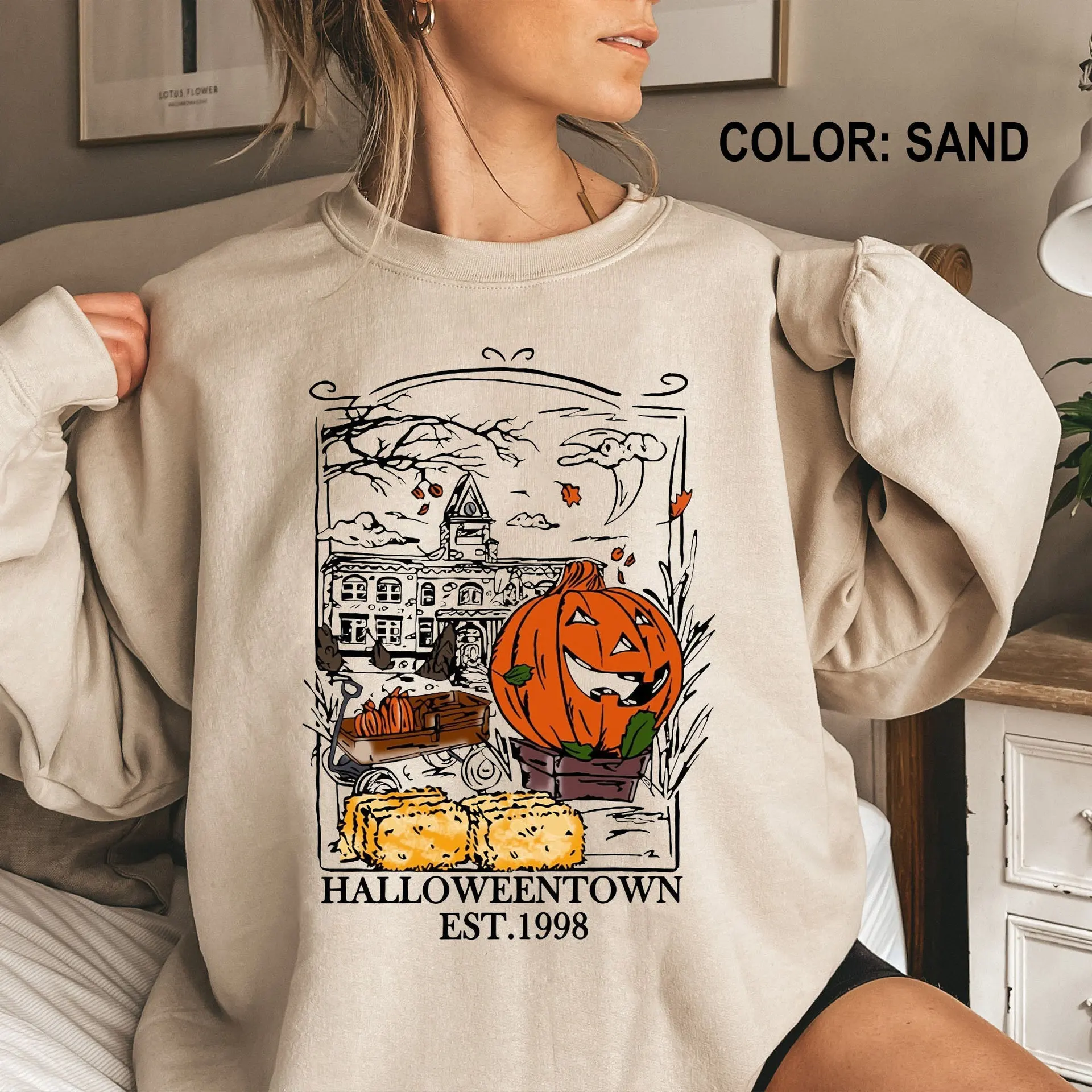 Vintage Halloweentown Sweatshirt Halloweentown Est 2024 Pullover Funny Halloween Town Fall Hoodies Pumpkin Halloween Sweatshirts