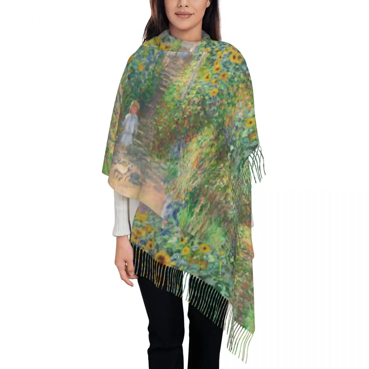 

Lady Long The Artist's Garden At Giverny Scarves Women Winter Fall Soft Warm Tassel Shawl Wrap Claude Monet Painting Scarf