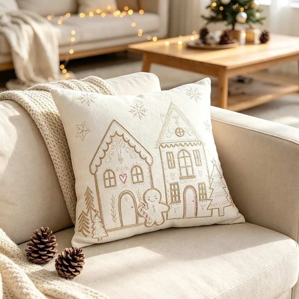 House Snowflake Embroidery Christmas Pillowcases Sofa Home Decor Soft Chenille Pillow Cover Breathable Cozy Pillow Case