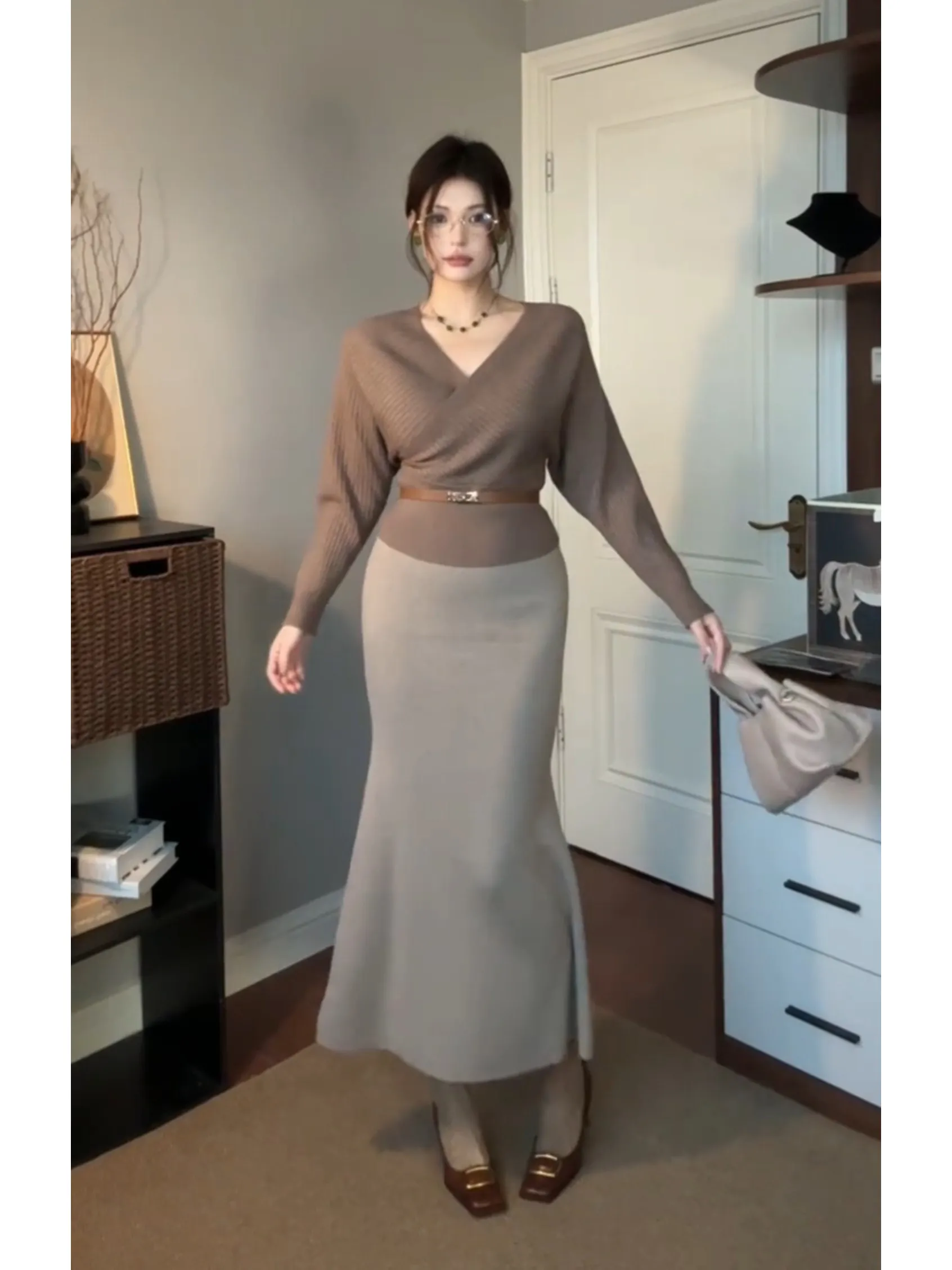 

Ele mat Women's Two-Piece Set High Waist Skirt Slimming Top Winter Faion Trend High Quali Knitted round Ne