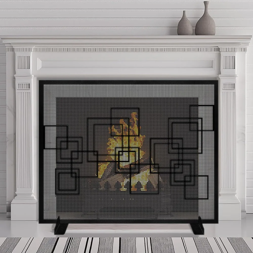 هندسية مربع الموقد شاشة شبكة مجردة المعادن شرارة الحرس غطاء الموقد الأسود بوابة النار سياج لغرفة المعيشة #1