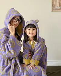 Smiley Face Pattern Cotton Parent-child Bathrobe Towel Soft Kids Ear Hoodies Bathrobe Kimono Sleepwear Coat Bath Unisex  Towel