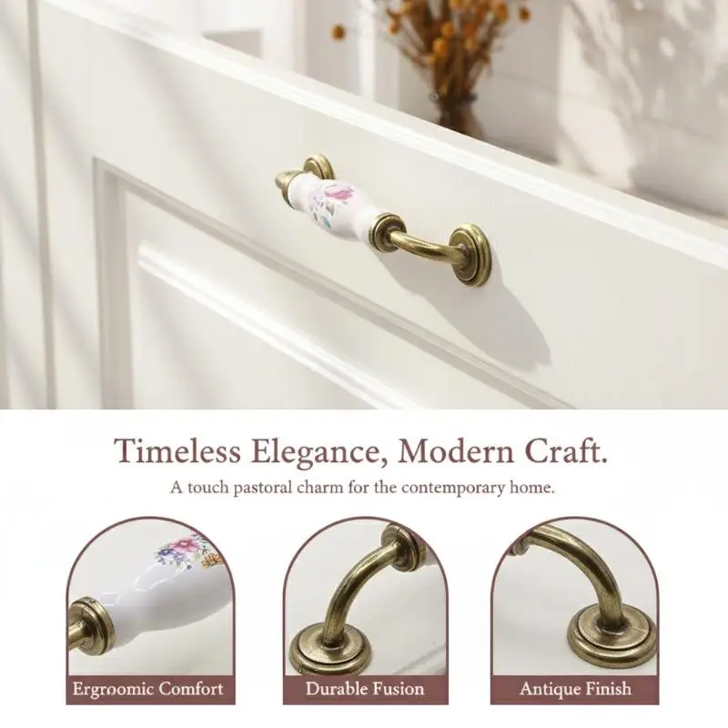 European Flower Ceramic Handles Kitchen Cabinet Storage Dressers Classic Wardrobe Cabinet Closet Door Pulls