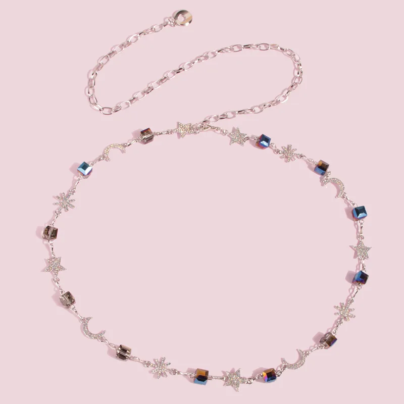 سلسلة خصر نسائية مزينة بالكريستال على شكل نجمة وقمر، مزينة بأحجار الراين والمعدن الأنيق
