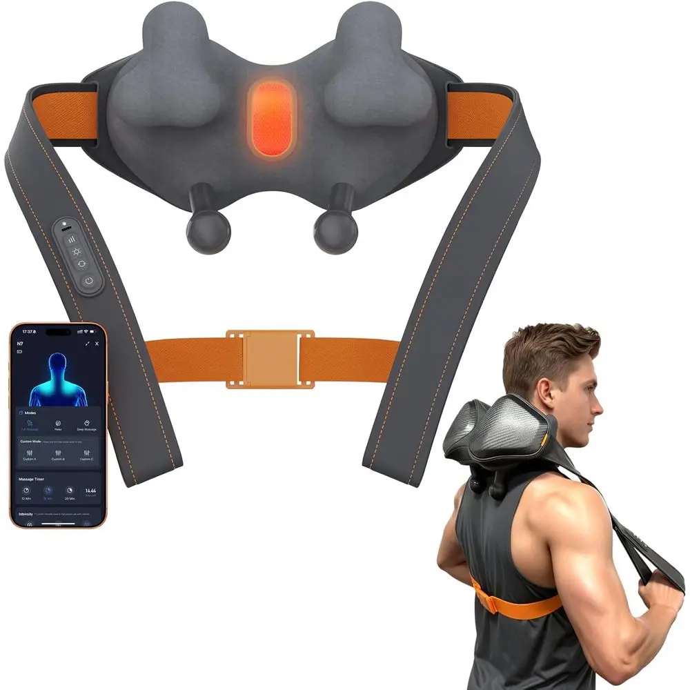 

App-Controlled Shiatsu Massager for Shoulders and Back with 8 Wide Bionic Nodes, 4D Tissue Kneading, Customizable Settings, and