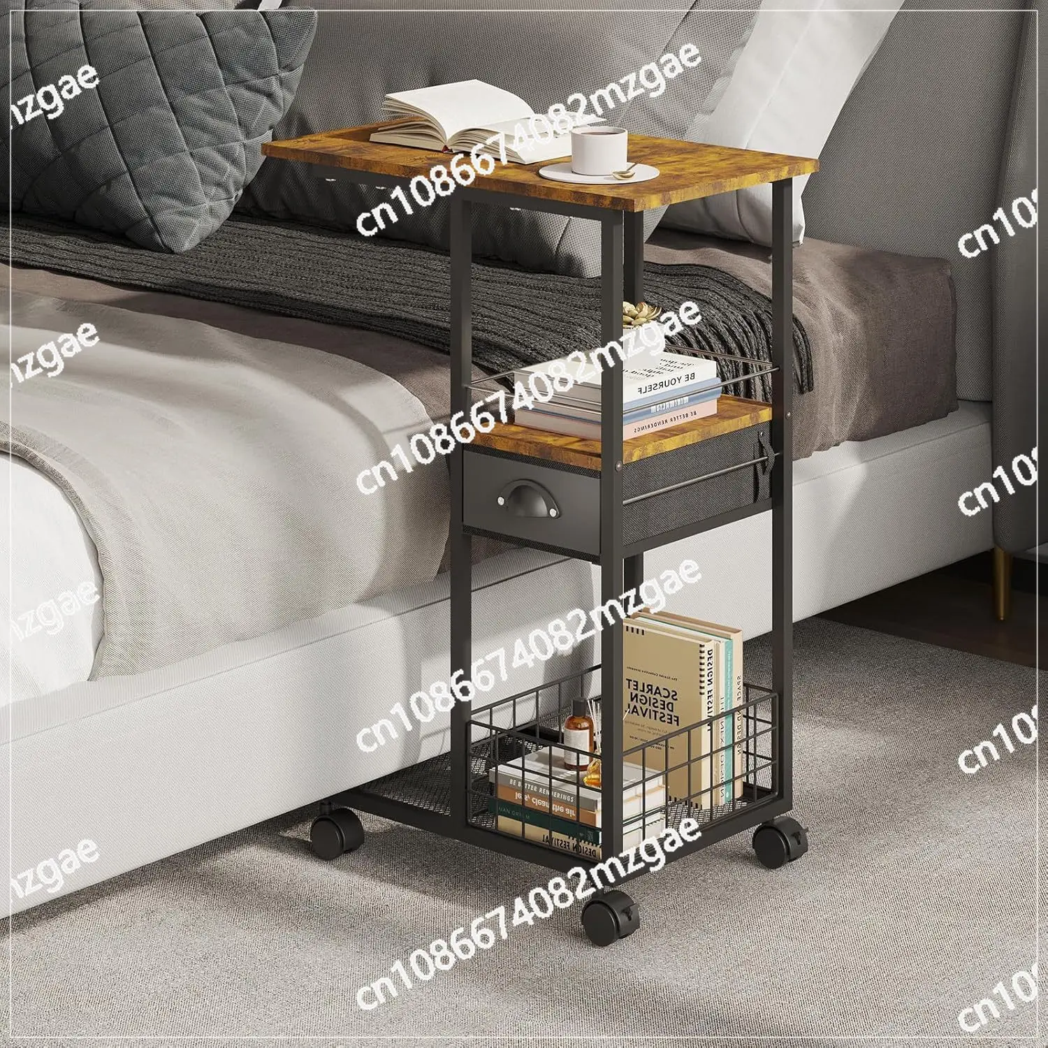 Mobile luxury coffee table; vintage side table; living room C-shaped cart; corner table for small apartments