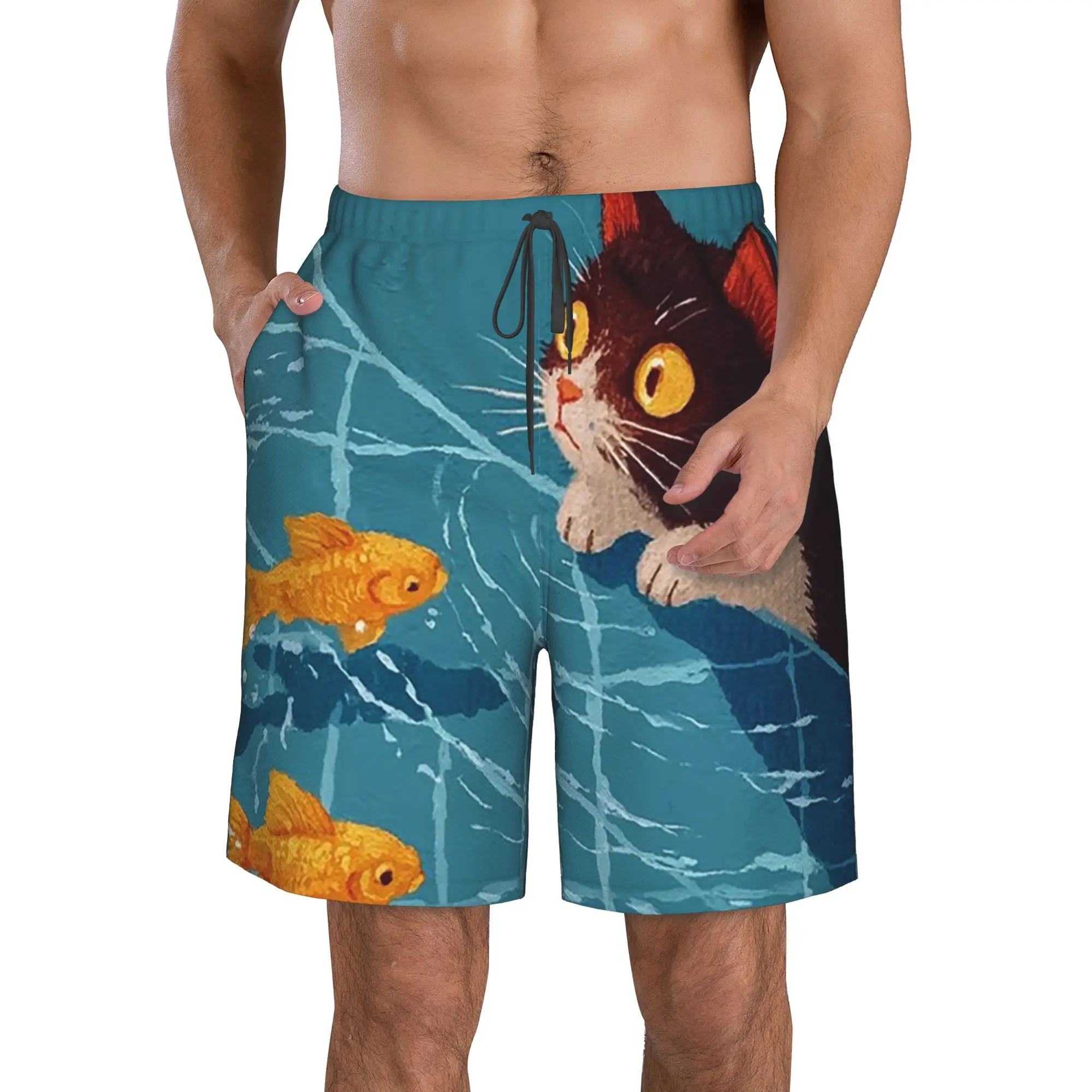 Cat Peeking Into Water Staring at Swimming Fish Trunks Beach Board Shorts Casual Quick Dry Swim Summer Men Pants