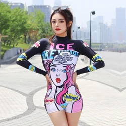 Long Sleeve Printed Swimsuit 2024 Women One Piece Surfing Swimwear Female Rashguard Boxer Diving Clothes Bathing Swimming Suit